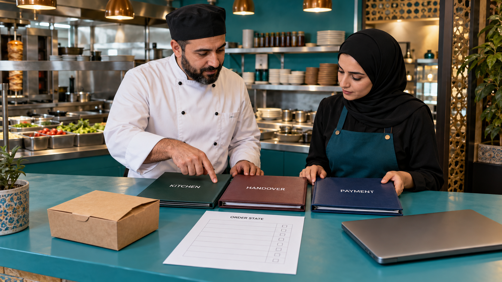 Fictional chef and cashier reviewing separate kitchen, handover and payment folders