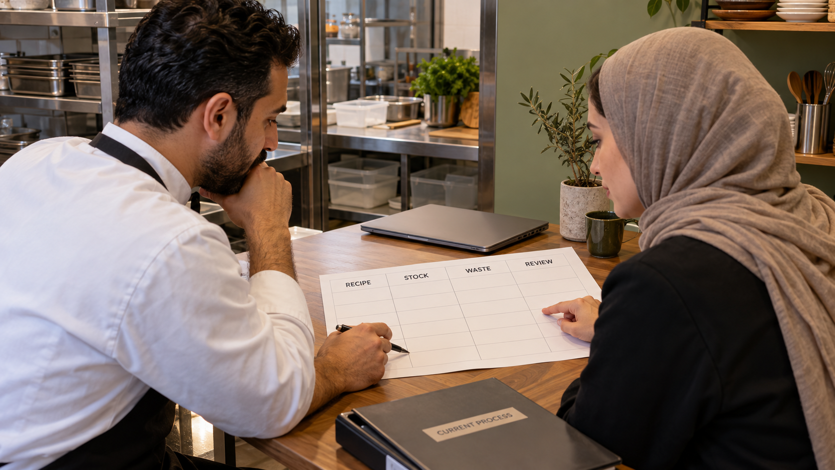 Fictional restaurant owners planning recipe, stock, waste and review procedures