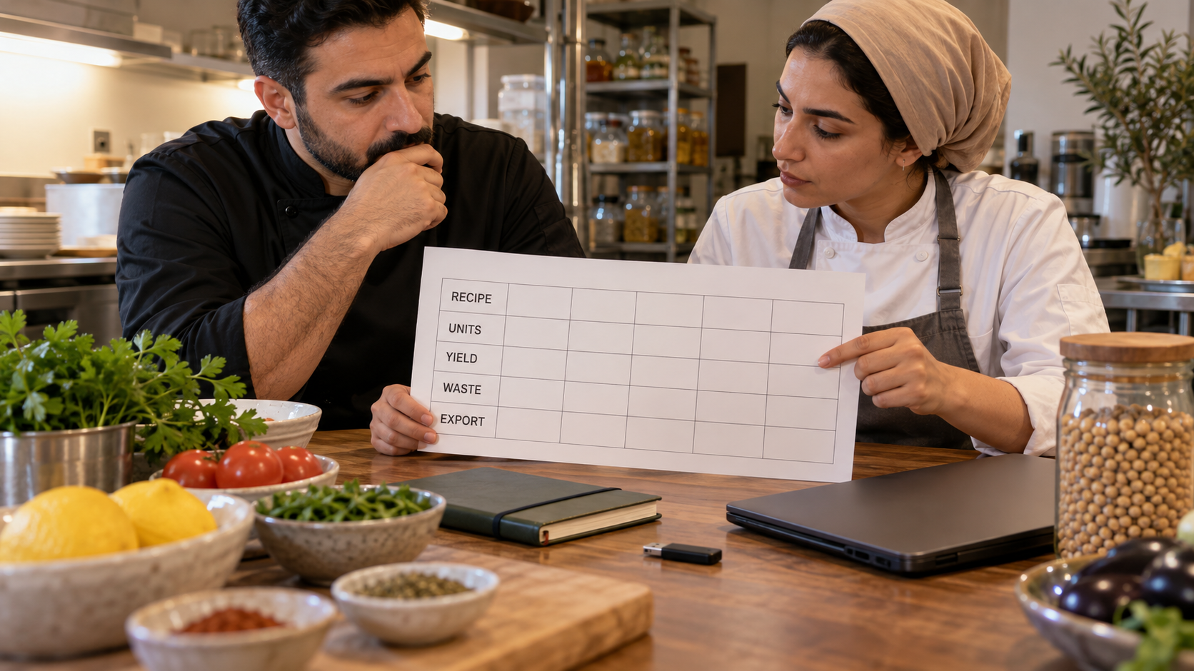Fictional owners comparing an empty recipe, units, yield, waste and export matrix