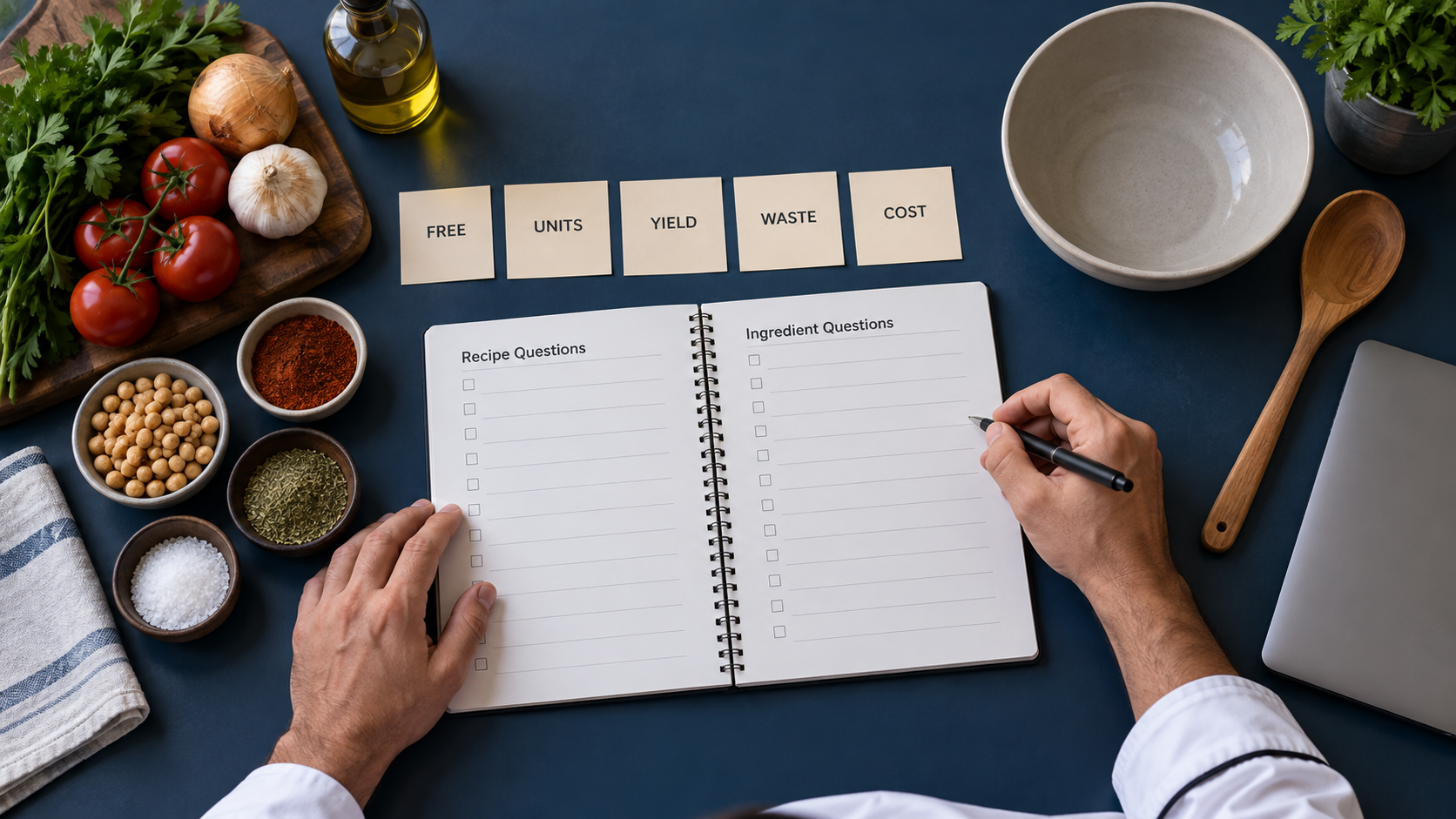 Empty recipe and ingredient question notebook with units, yield, waste and cost cards