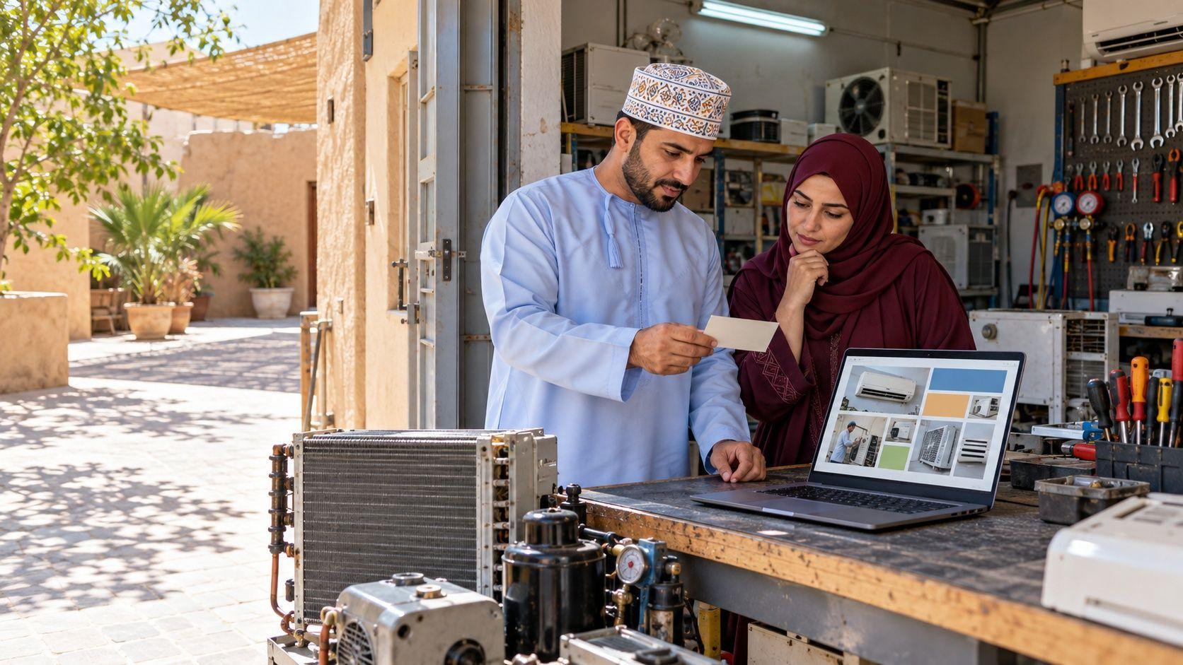 Generated Nizwa workshop proprietor and colleague reviewing marketing priorities and a service page in the Sultanate of Oman