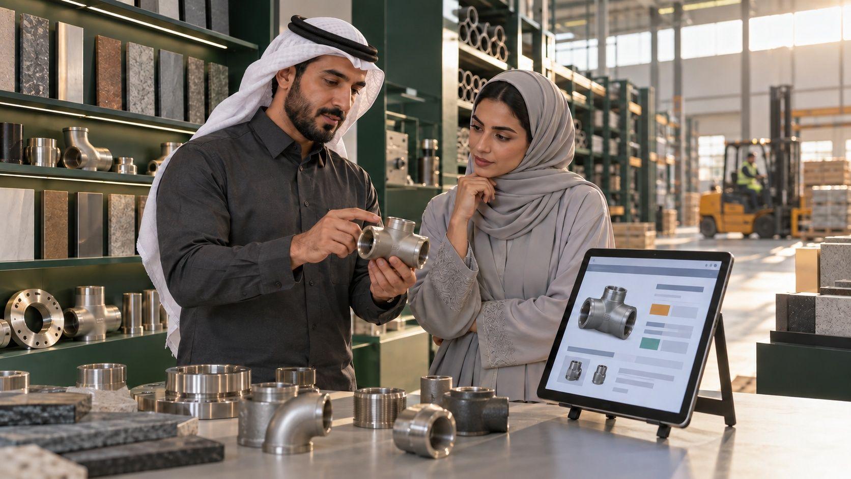 Technical sales colleagues reviewing a fitting and a generic specification page in an Al Khobar materials showroom