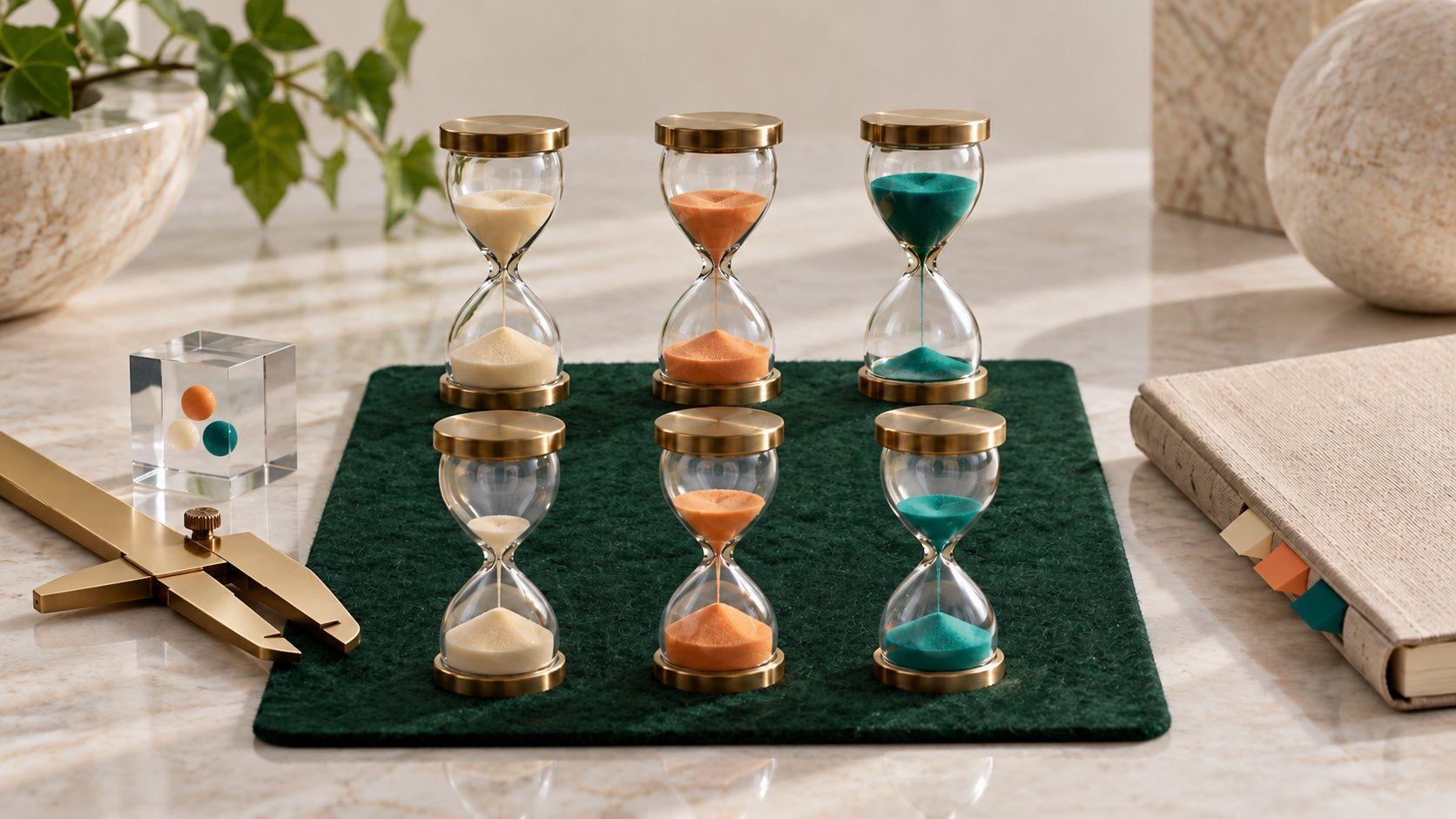 Six hourglasses representing proposed review windows across a six-month marketing plan