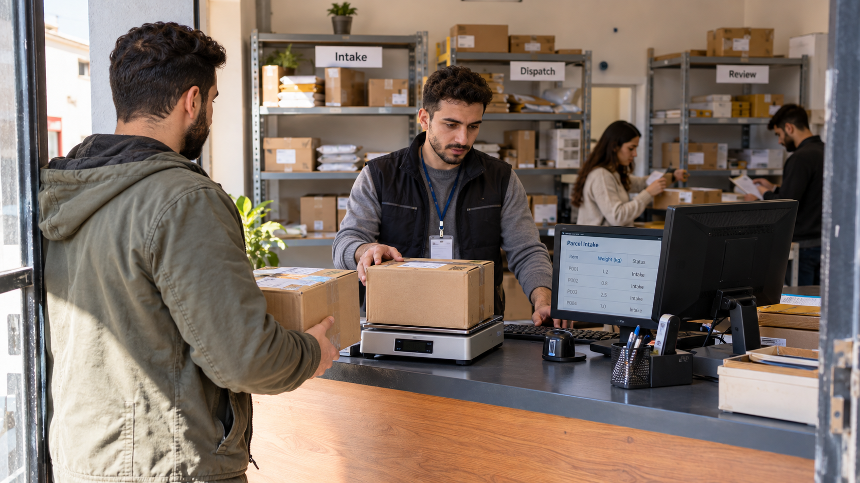Weighing and recording an incoming parcel at a dispatch counter