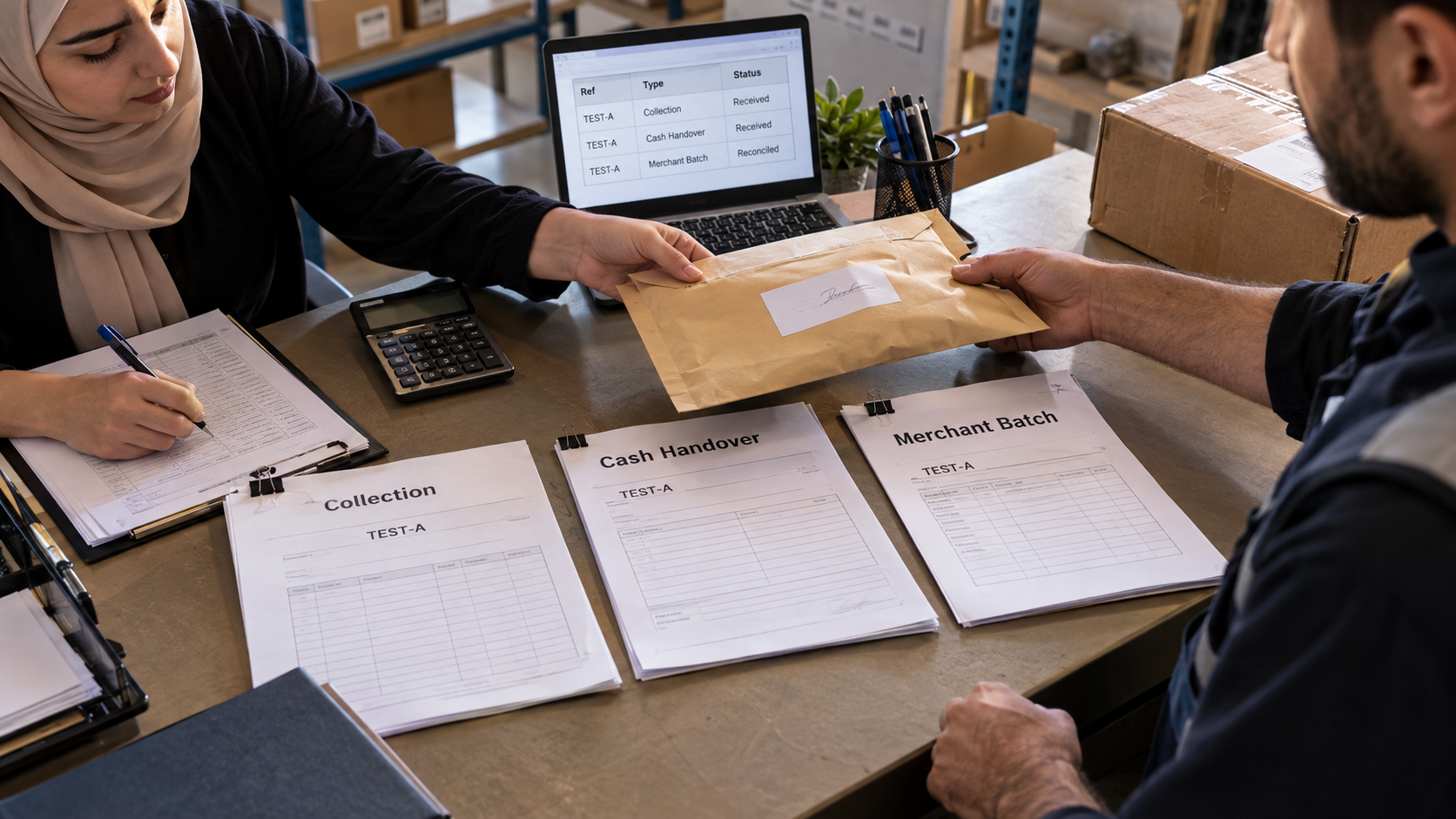 Reviewing collection, cash-handover and merchant-batch documents