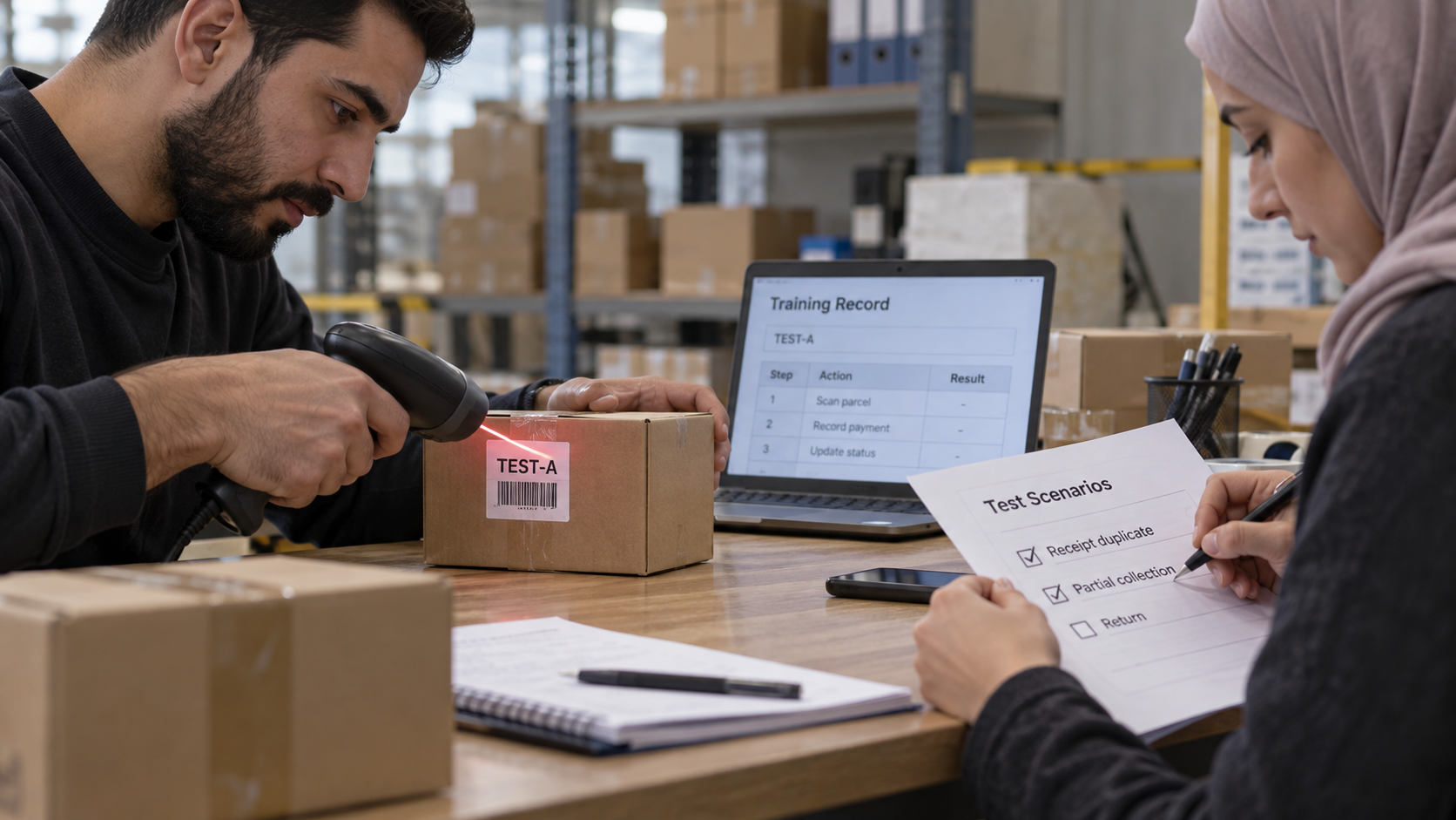 Scanning a training parcel label and reviewing acceptance scenarios