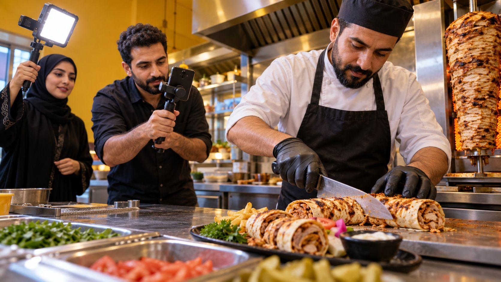 Generated Dammam restaurant team filming a short video of an actual dish preparation