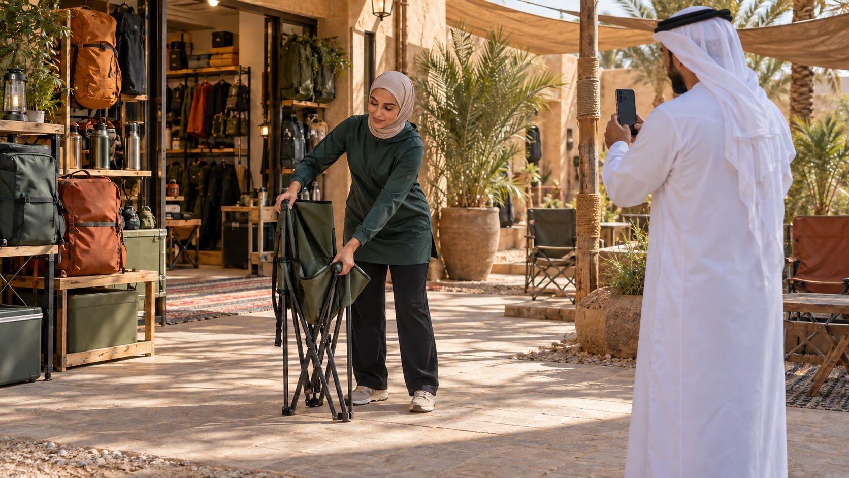 Product-use filming of a folding camping chair outside a sporting-goods store in Al Ain, UAE