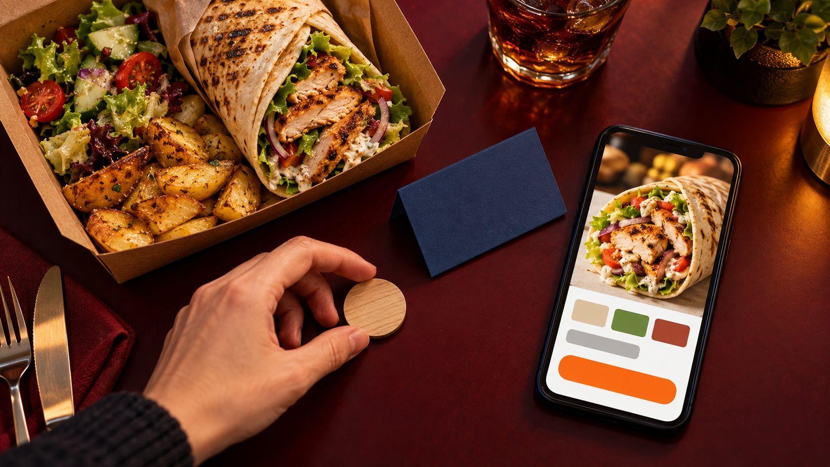 Generic visual mobile menu beside a packaged meal and pickup token illustrating the ordering destination
