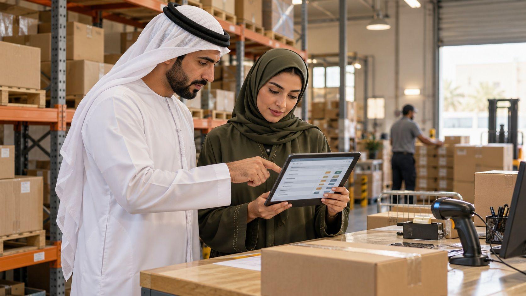 An Emirati trading team checks customer and product records on a tablet in a warehouse