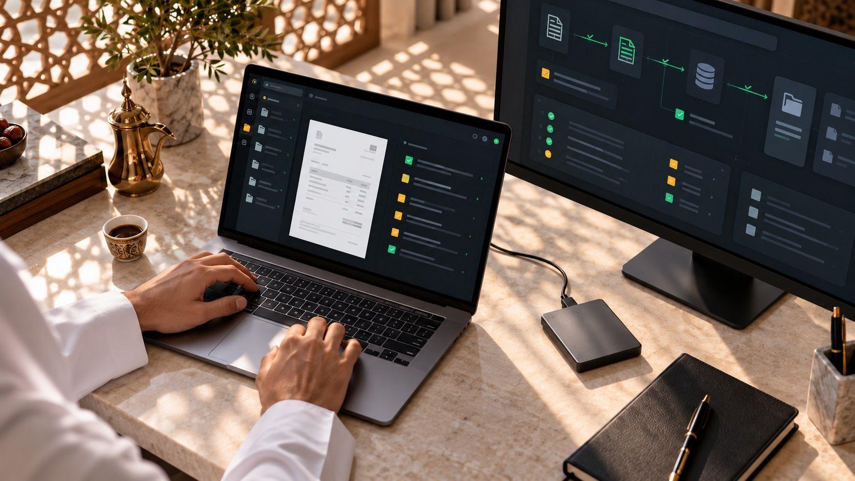 An engineer tests invoice-validation statuses beside a local backup device