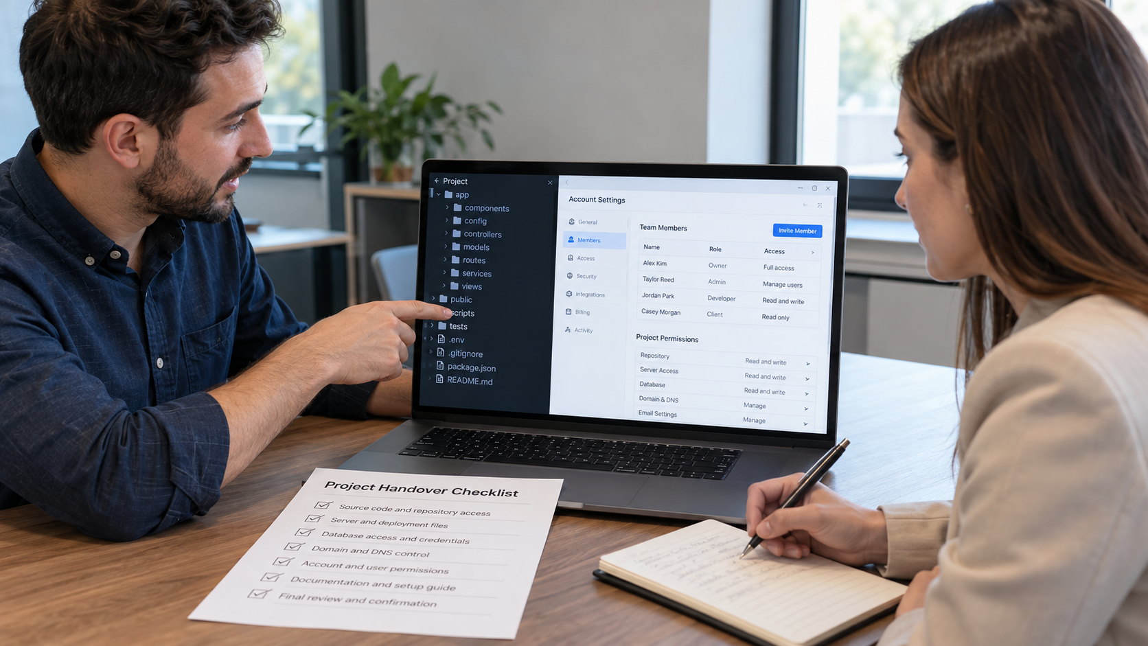 Generated photorealistic explanatory scene: ownership handover