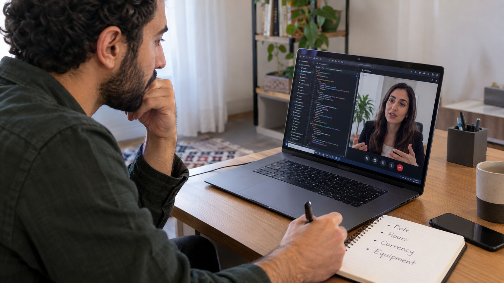 Generated photorealistic explanatory scene: programmer interview