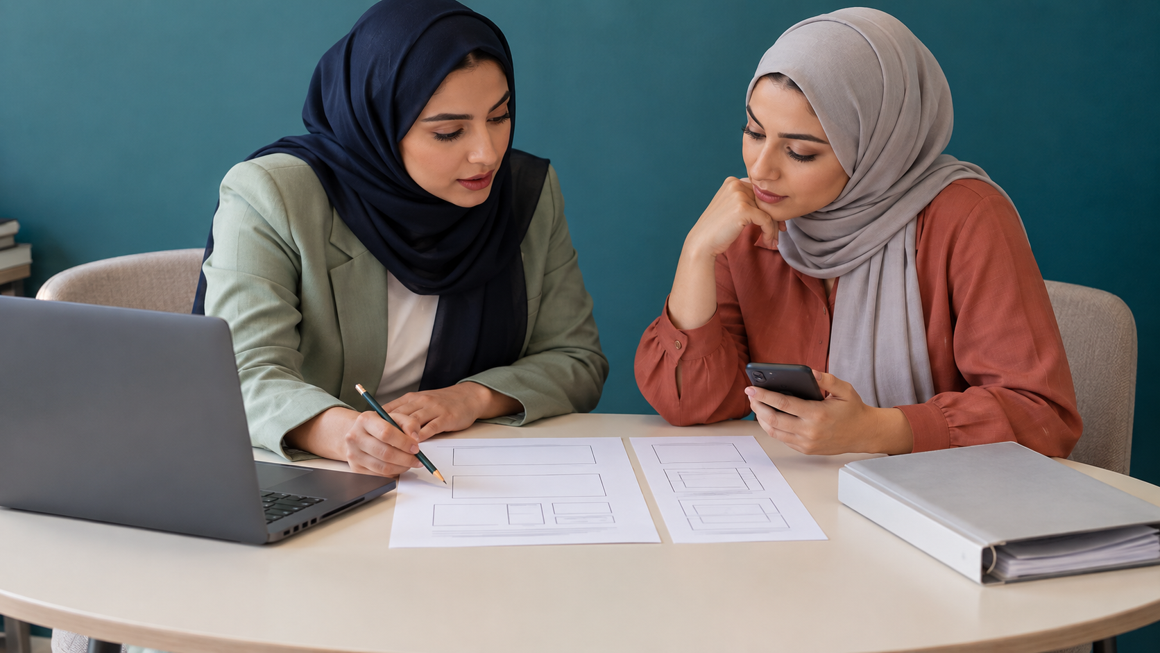مناقشة مخططات واجهة ورقية بعرضين مختلفين مع هاتف يظهر ظهره