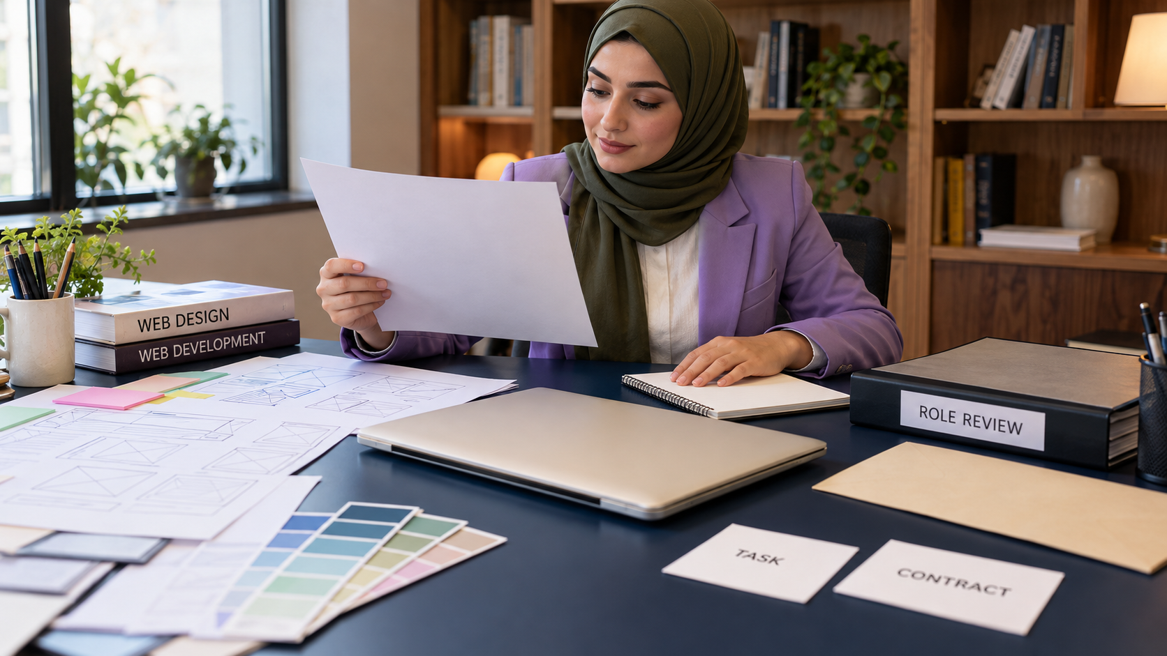 مراجعة ورقة نطاق عمل بجانب ملفات تصميم وتطوير وبطاقتي مهمة وعقد
