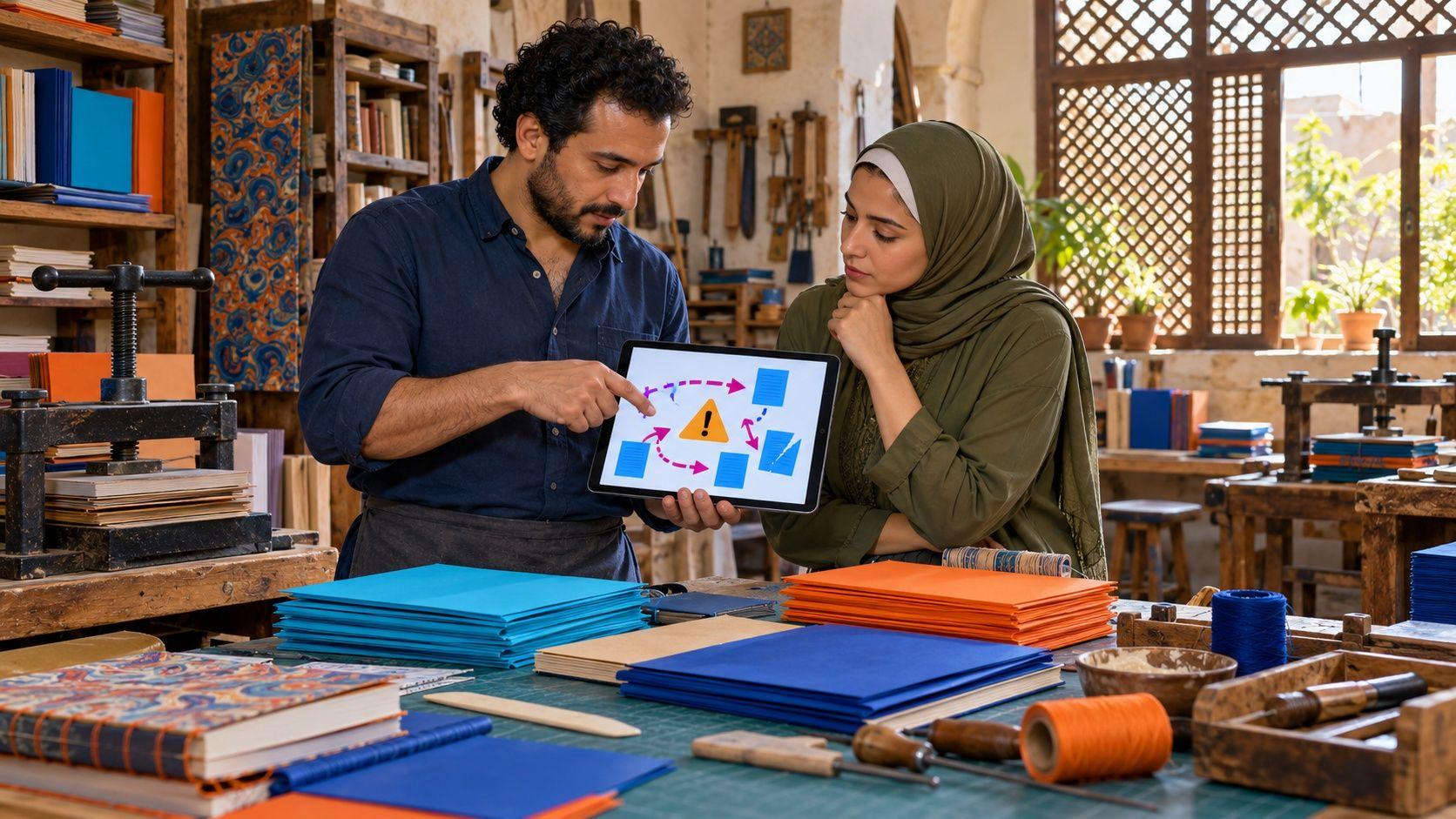 Generated Cairo bookbinding workshop owner and adviser reviewing a conceptual website incident warning