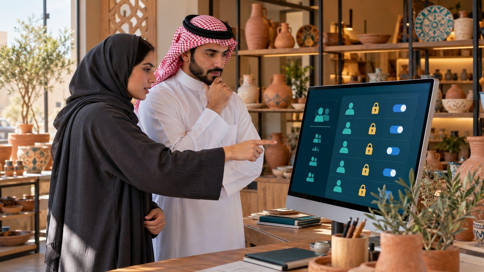 Generated Saudi business owner and adviser reviewing conceptual website access controls in a Riyadh ceramics showroom