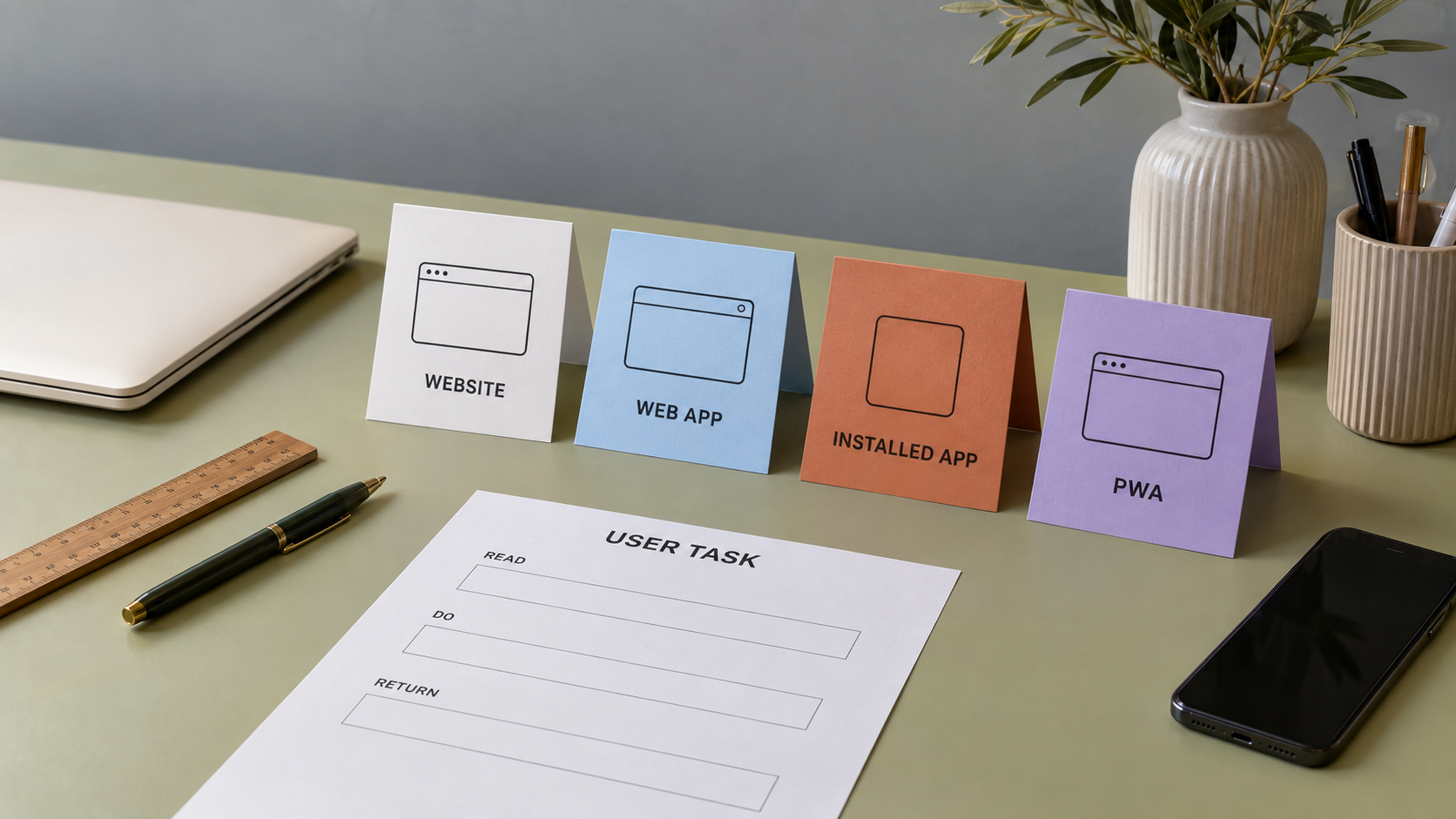 Paper cards comparing digital product types on a table