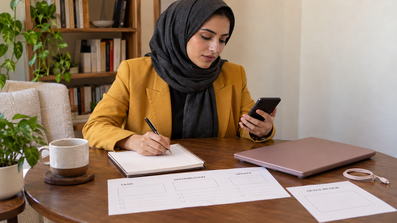 Woman reviewing a phone and task sheet beside a closed laptop