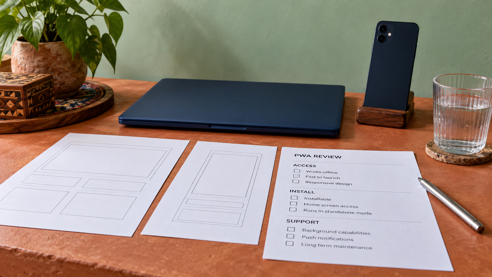 Unchecked PWA review sheet beside paper interface sketches