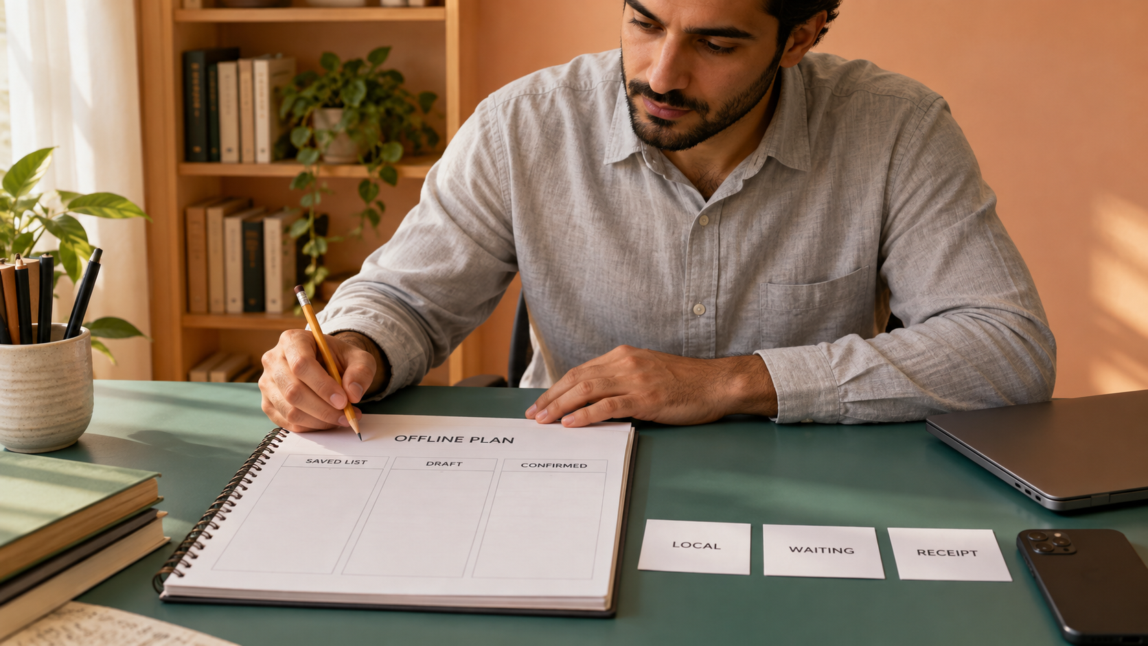 Paper plan separating a saved list, a draft and confirmation