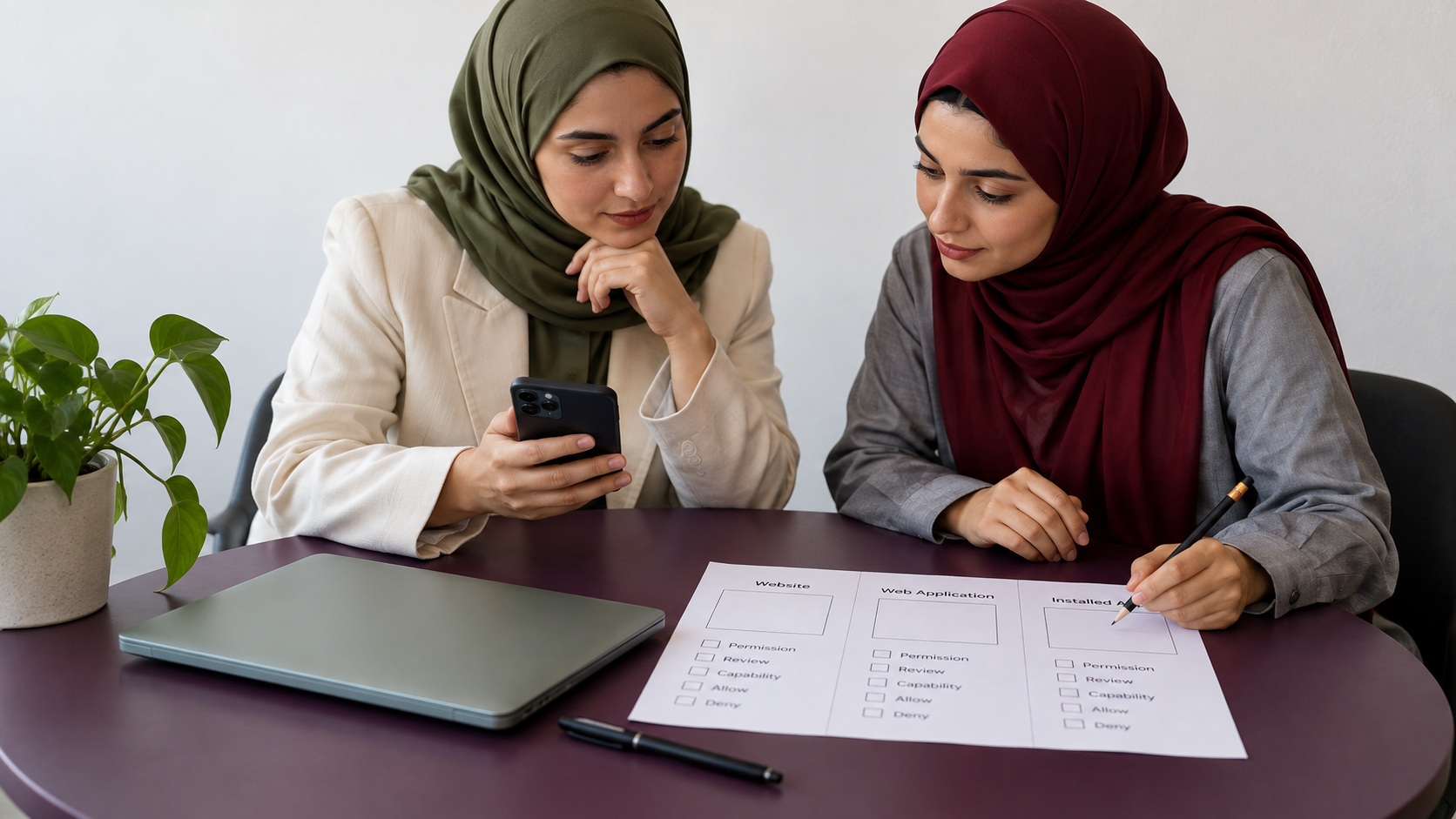 Discussion around a phone and an unchecked capabilities and permissions sheet