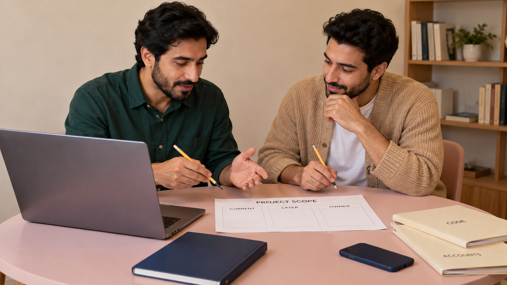 Two people discussing a project scope sheet with blank fields