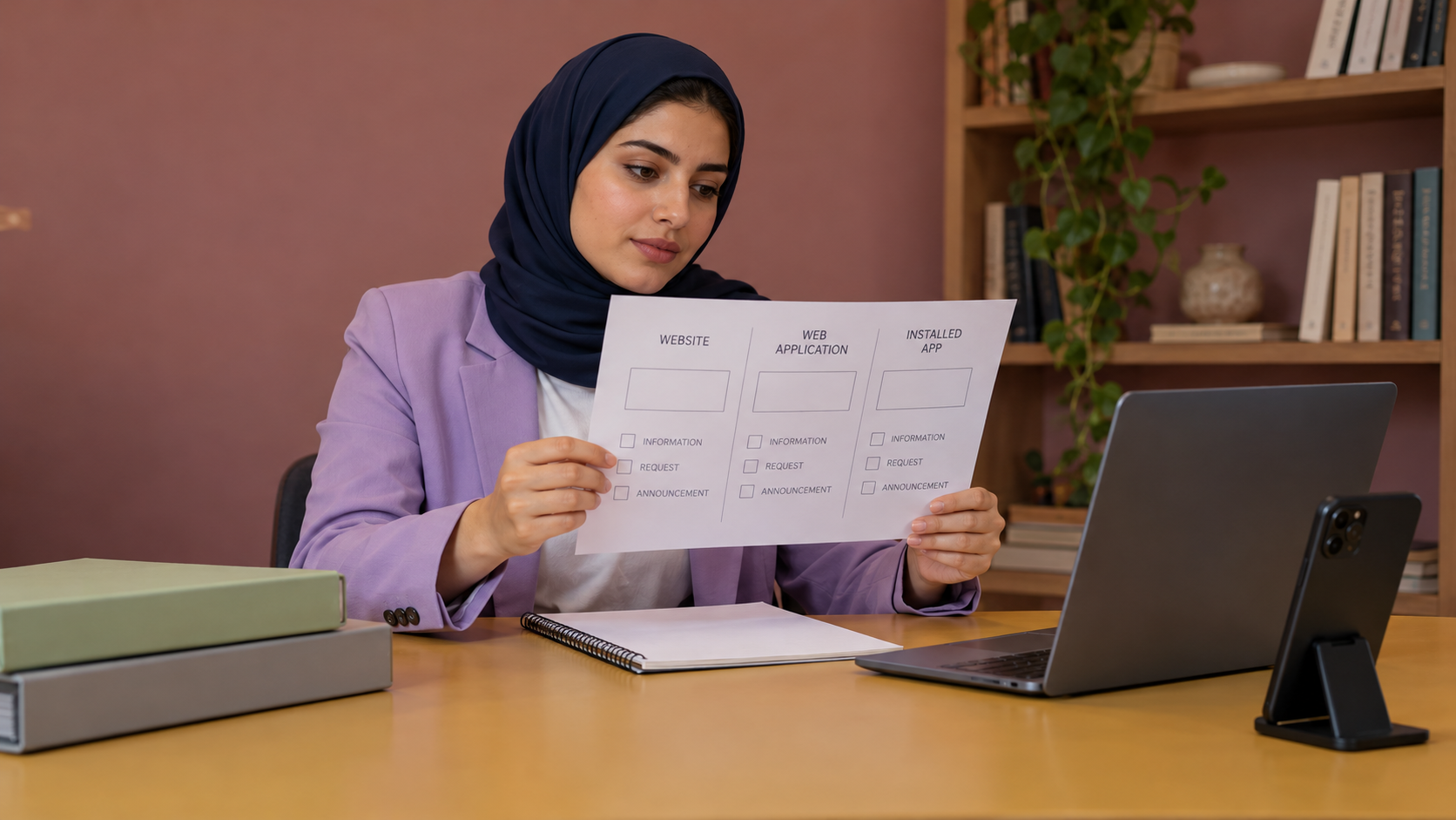 Woman reviewing a paper distinction between information, requests and announcements
