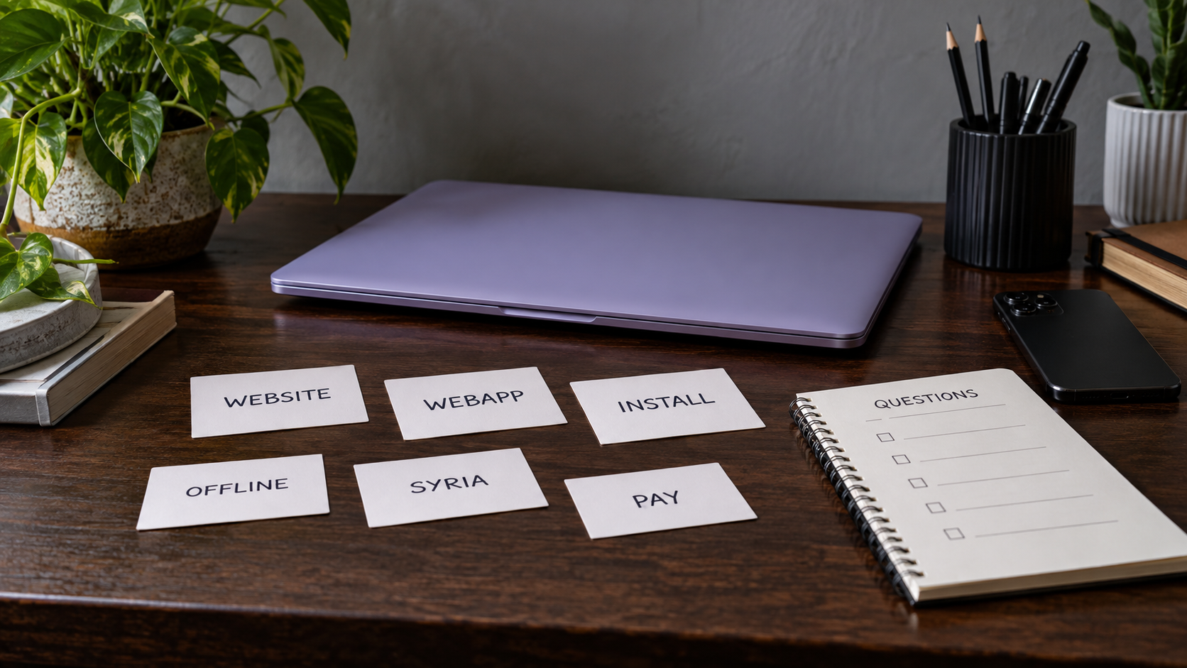 Six question cards beside a closed laptop and blank notebook