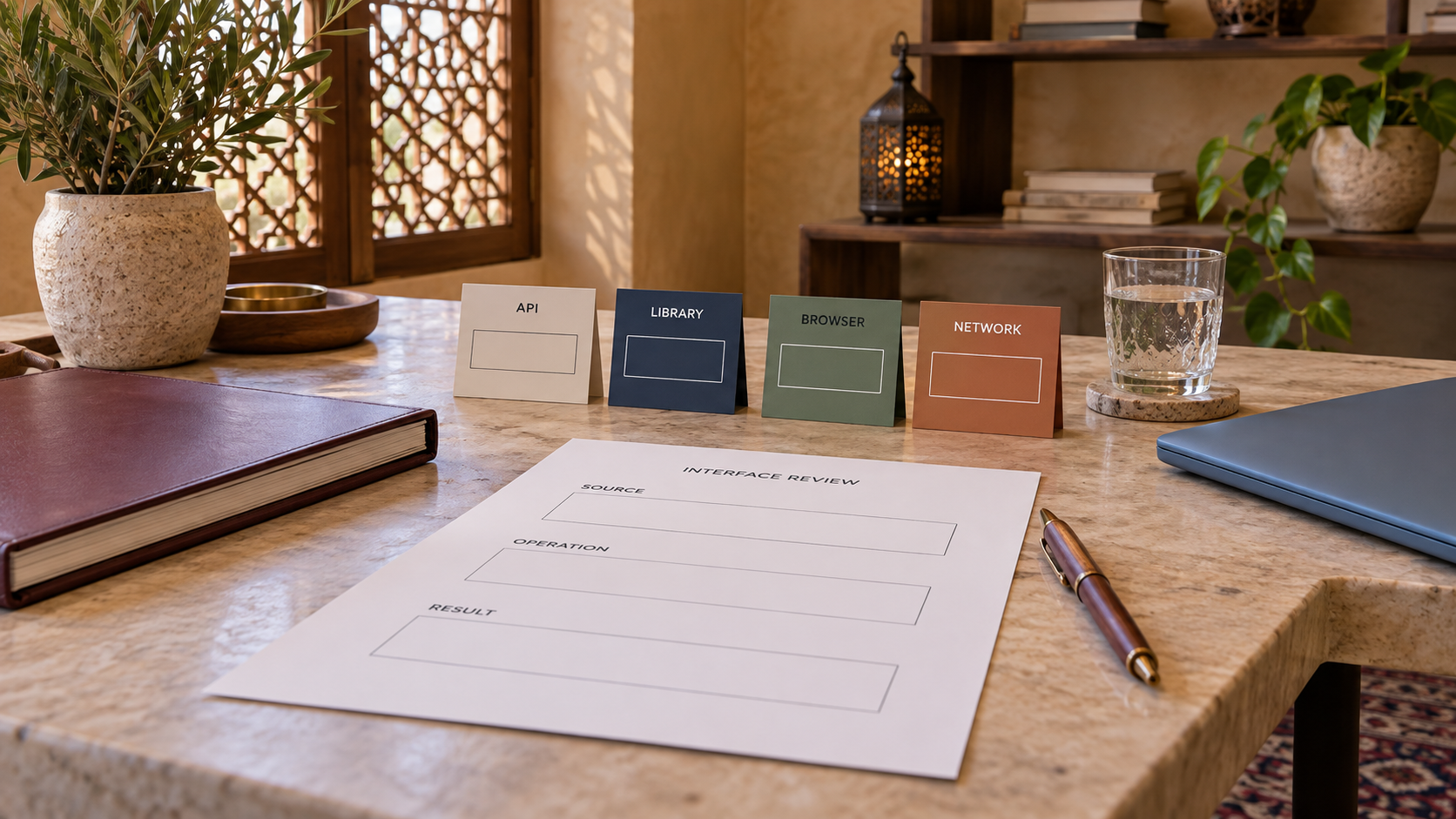 Software interface cards beside a review sheet with blank fields