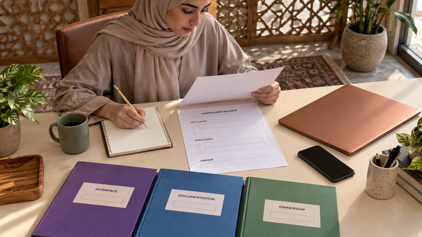 Handover review beside interface, documentation and ownership folders