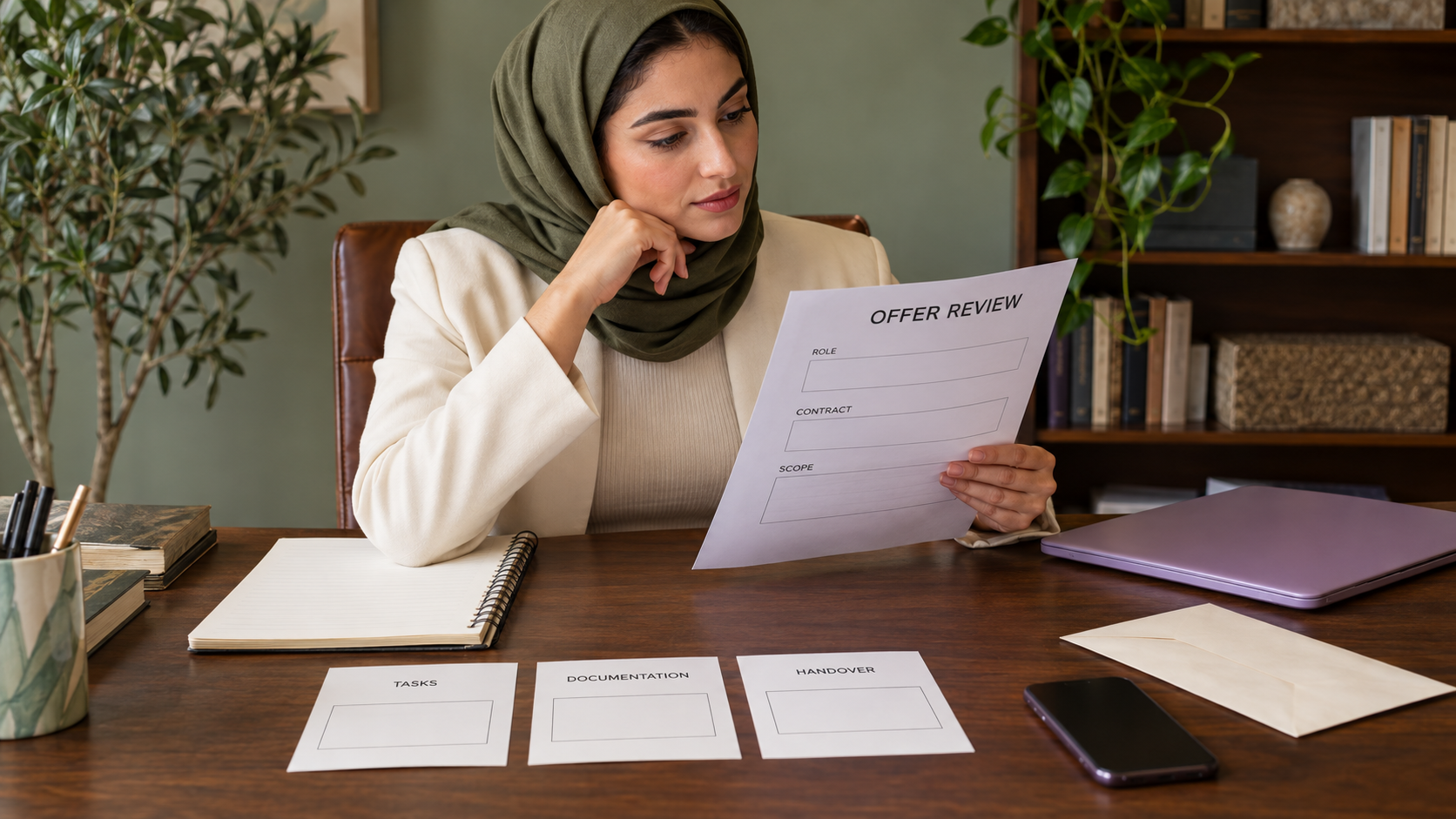 Woman reviewing an offer sheet with blank role, contract and scope fields