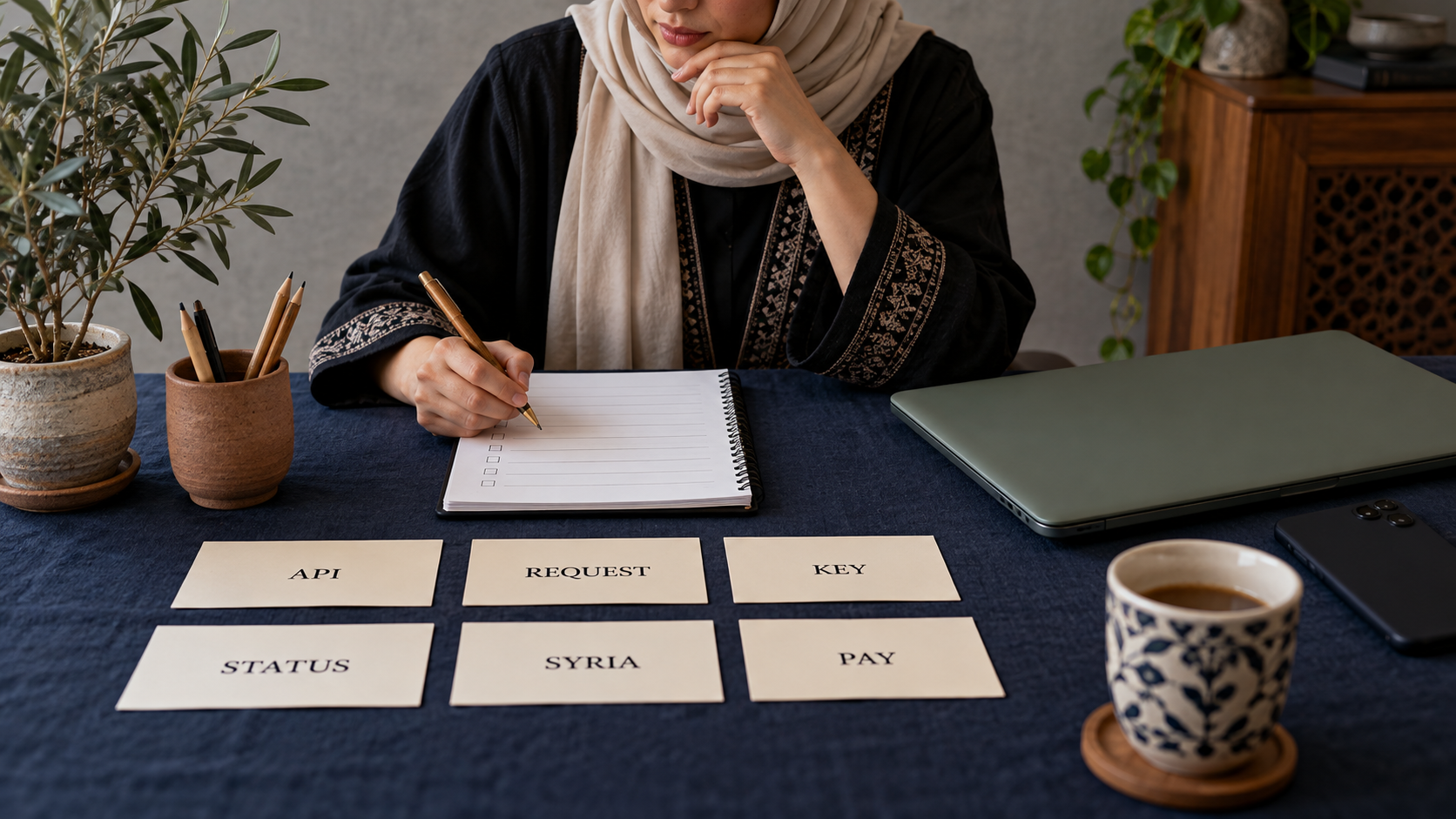 API, request, key and status cards beside a blank questions notebook