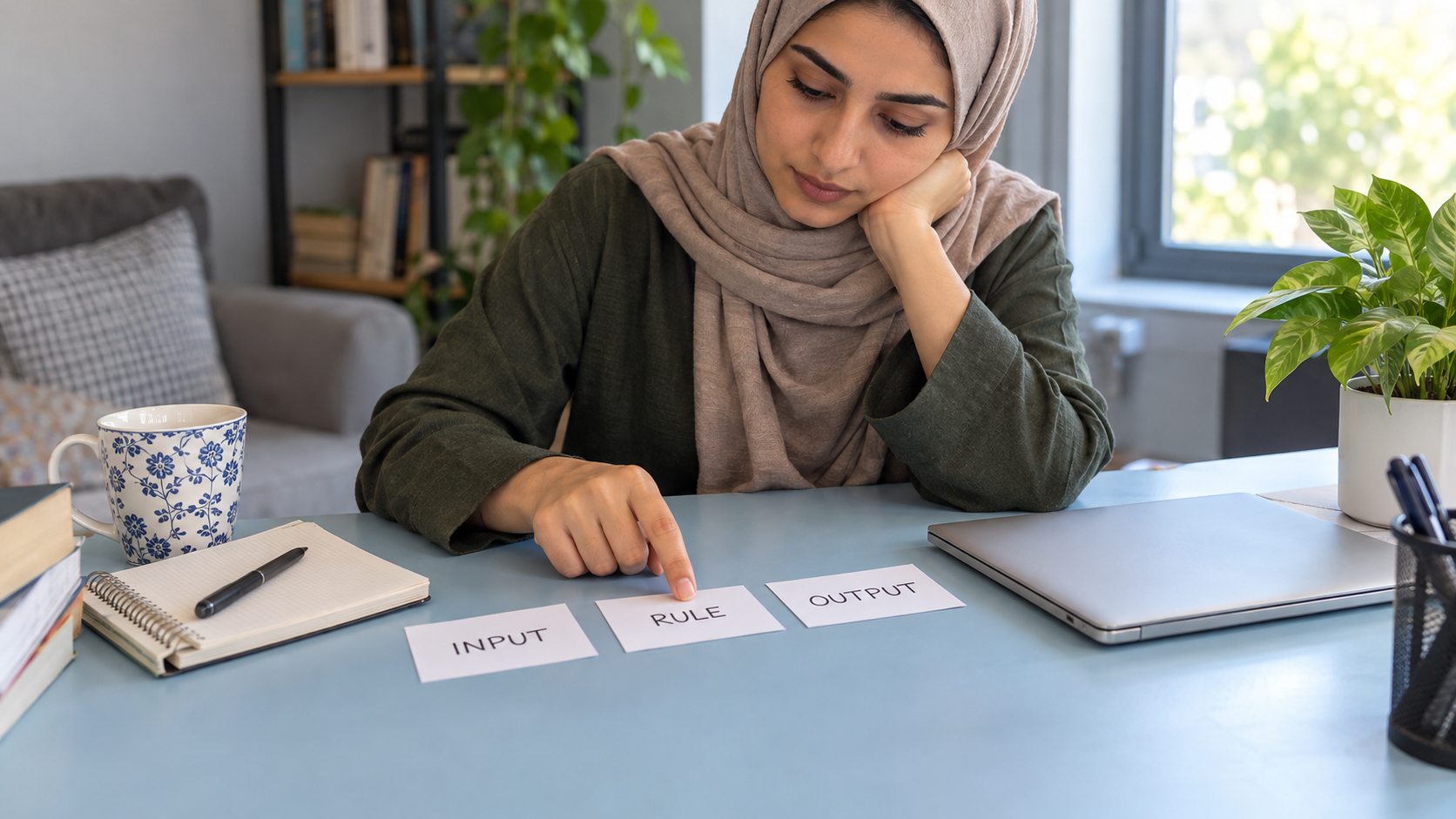 Learner arranging physical input, rule and output cards