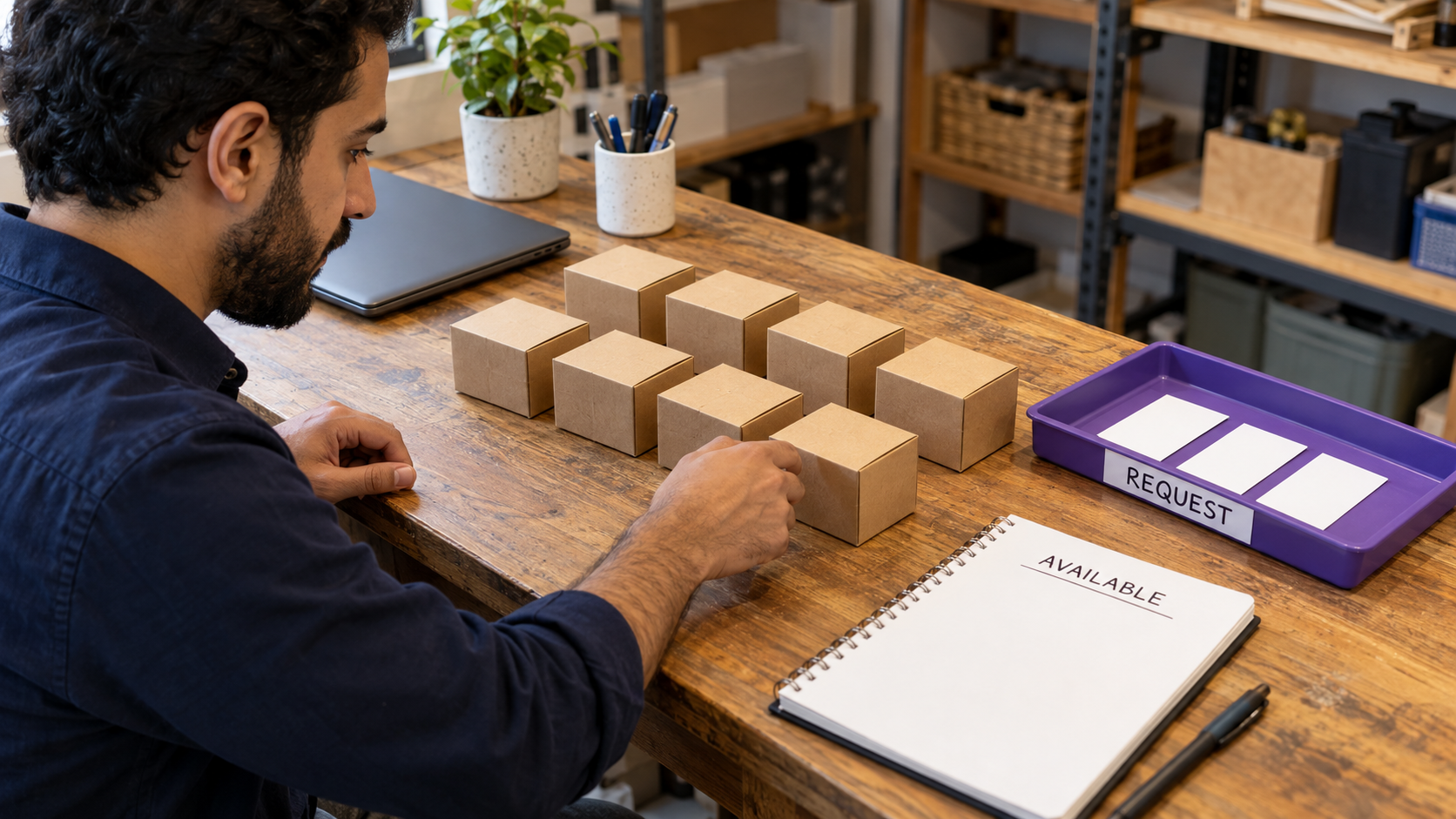Person counting boxes and order tokens in a fictional shop