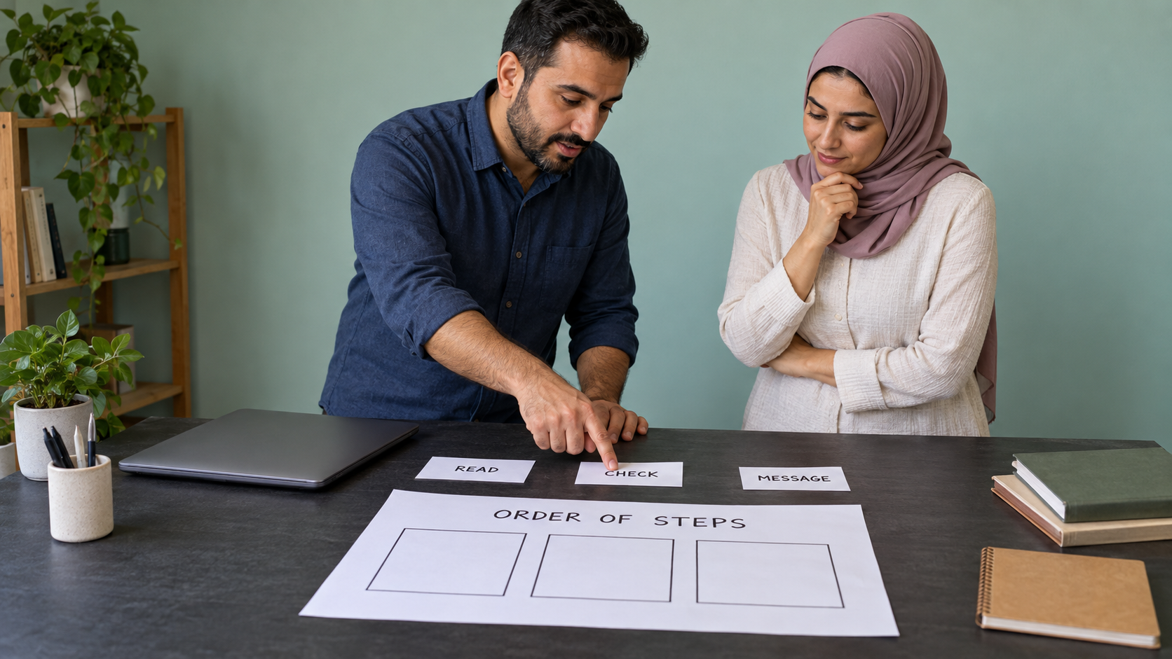 Two adult learners reviewing a physical instruction sequence