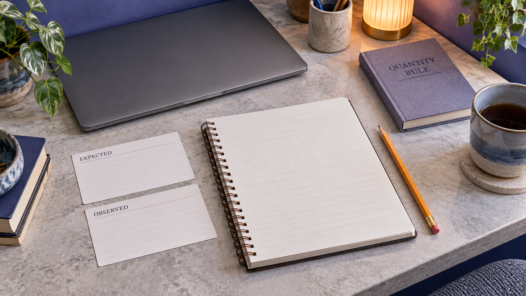 Empty expected and observed cards beside a test notebook