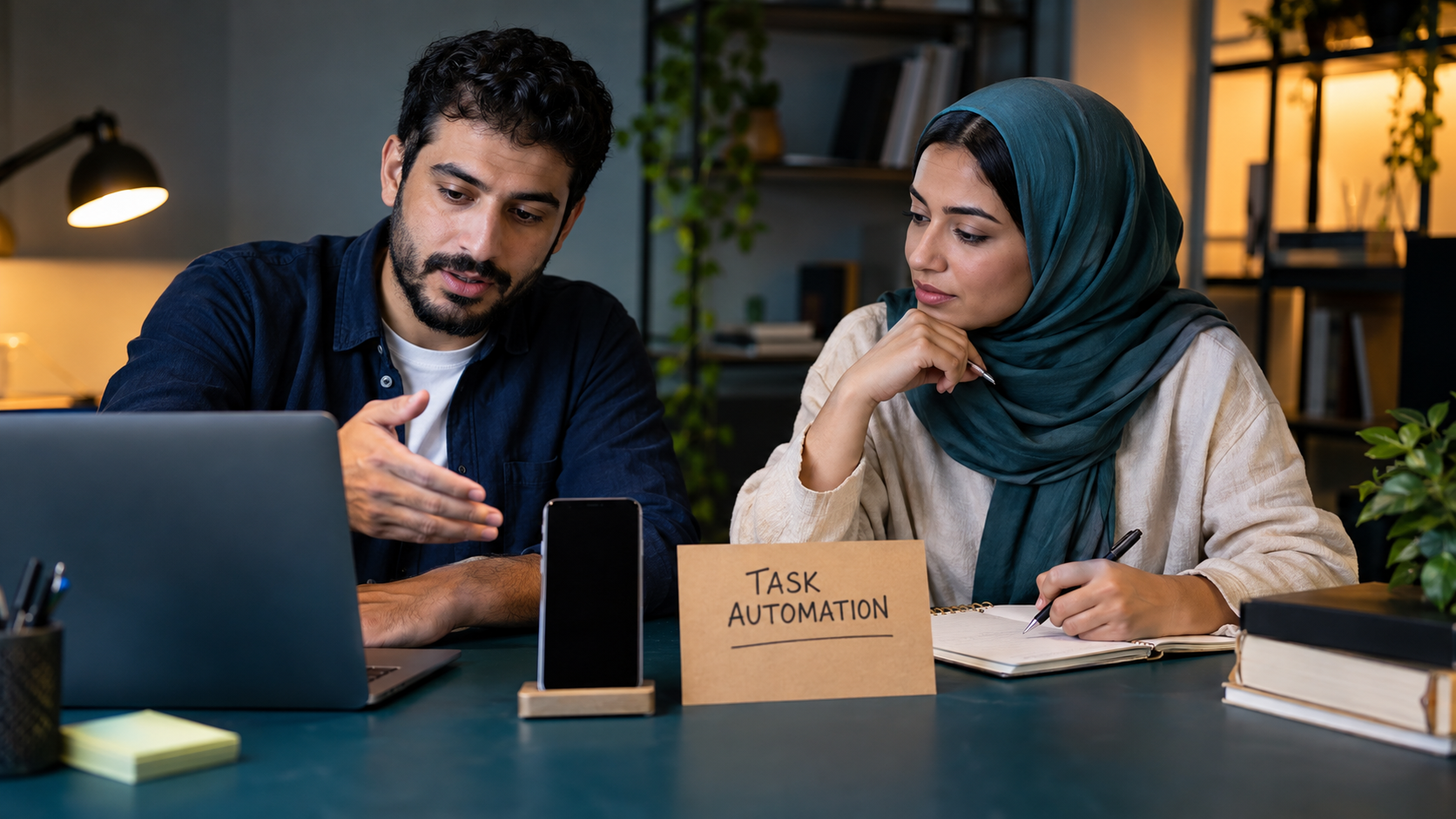 Physical devices and a task-automation card used to discuss applications