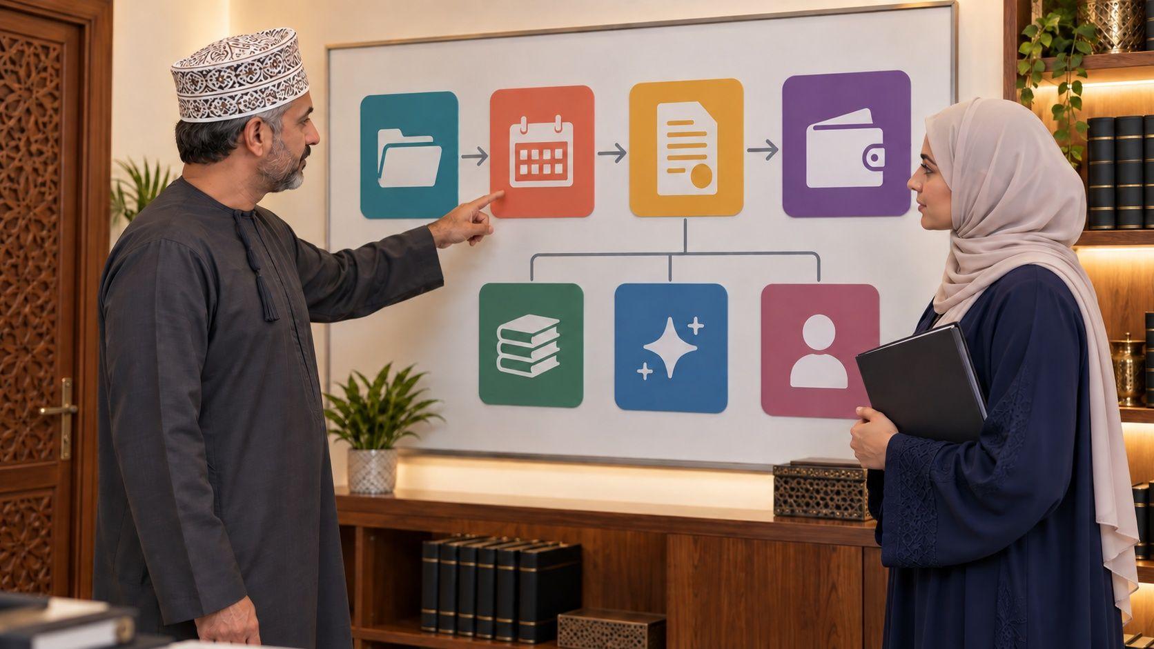 Generated Sohar lawyer and office manager reviewing seven legal workflow modules in the Sultanate of Oman
