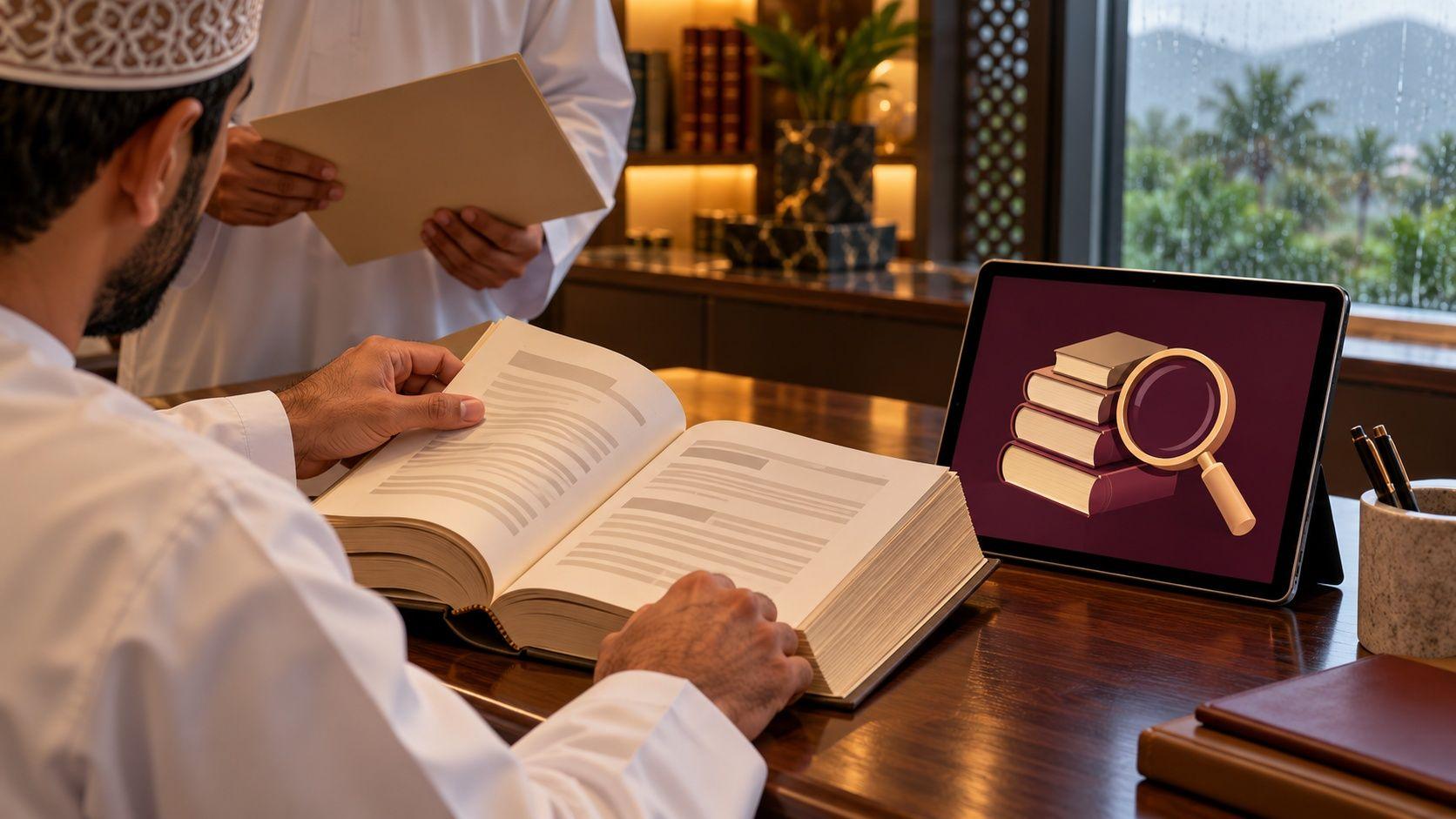 Generated Salalah legal-office reference review in the Sultanate of Oman with a conceptual search illustration