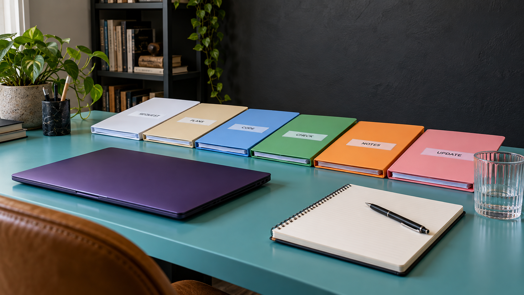 Request, plan, code, check, notes and update folders beside a closed laptop