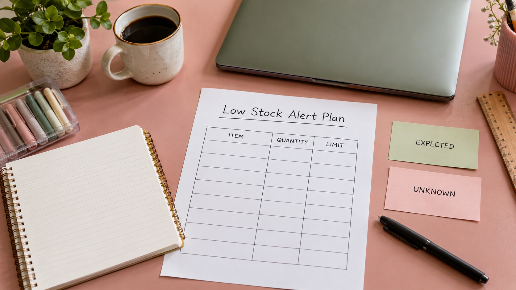 Blank low-stock alert planning sheet with expected and unknown cards