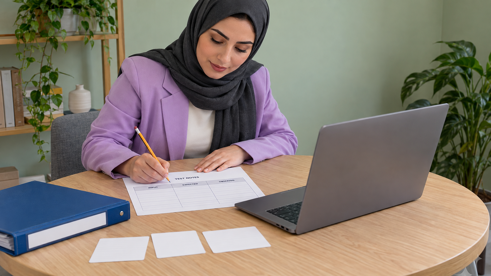 Reviewing an empty test sheet with input, expected and observed columns