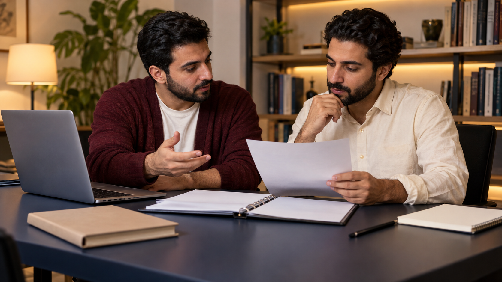 Two people discussing a change sheet beside a laptop facing away
