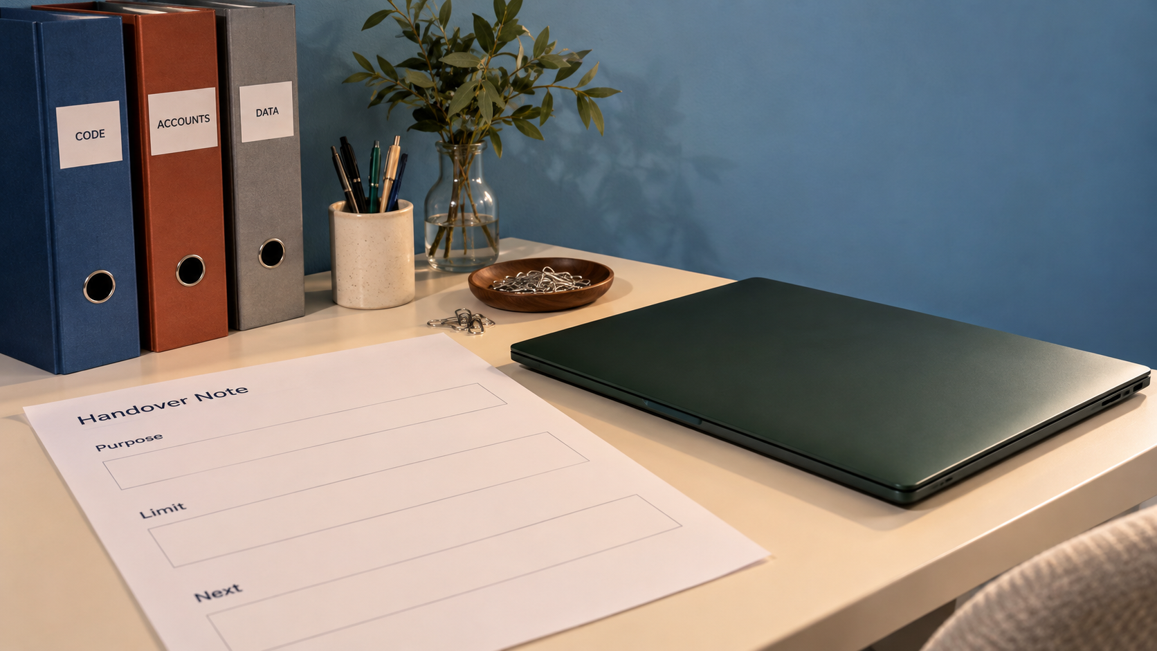 Blank handover sheet and code, accounts and data binders beside a closed laptop