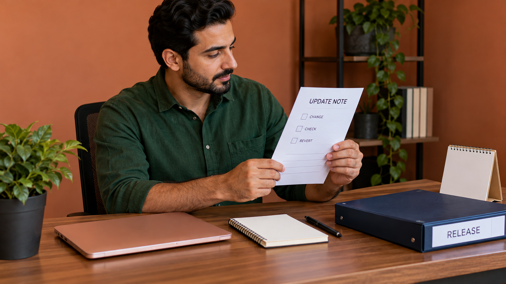 Reviewing a blank update sheet beside a release binder and closed laptop