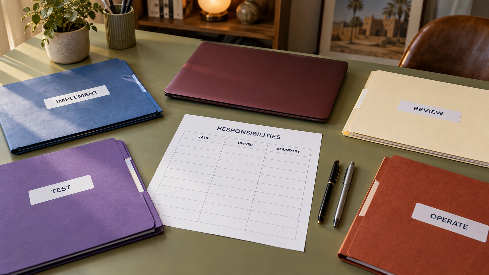 Blank responsibilities sheet among implementation, review, test and operations folders