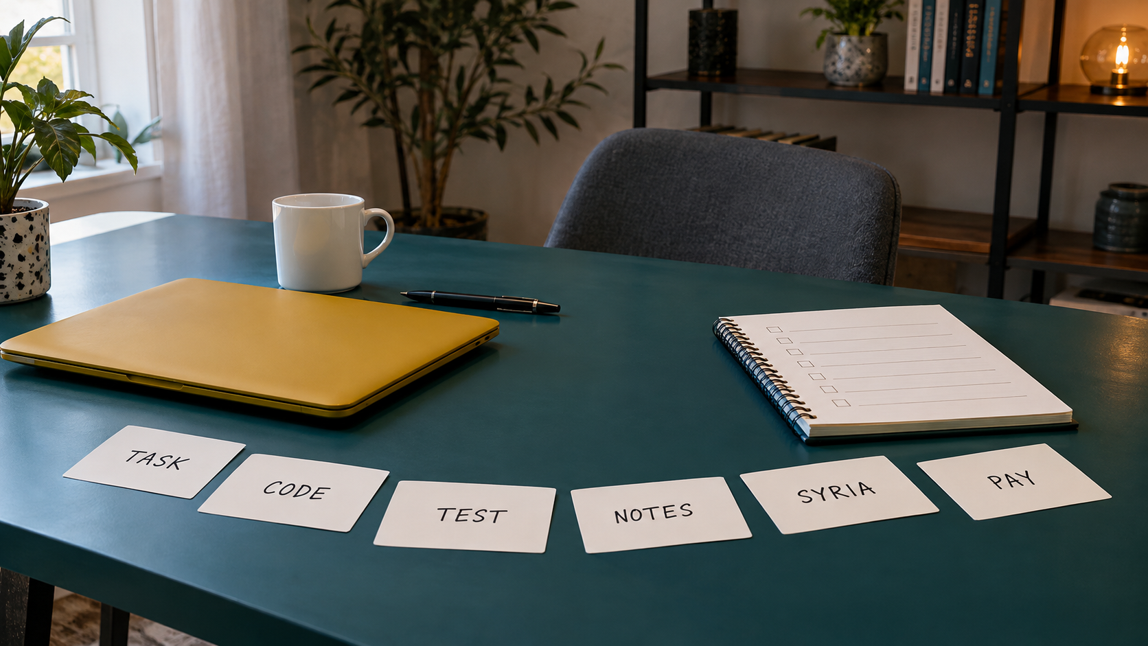 Task, code, test, notes, Syria and pay cards beside a blank notebook
