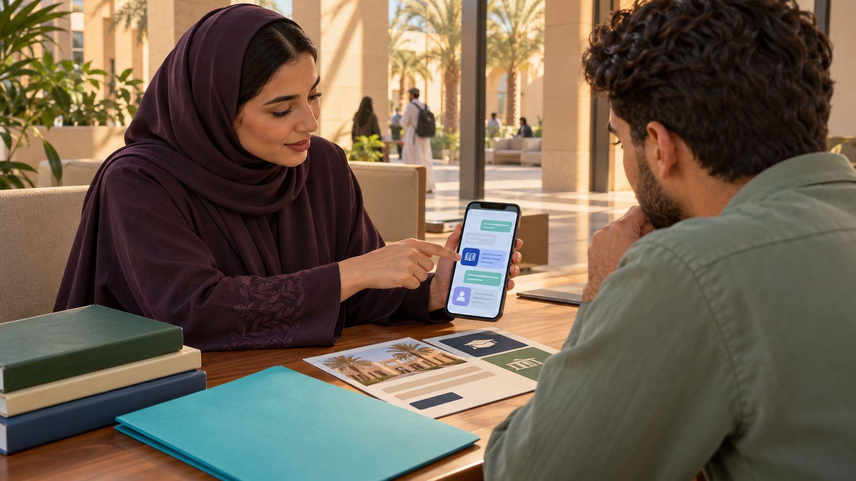 Generated adviser and adult applicant reviewing fictional approved program guidance in a Saudi campus lounge