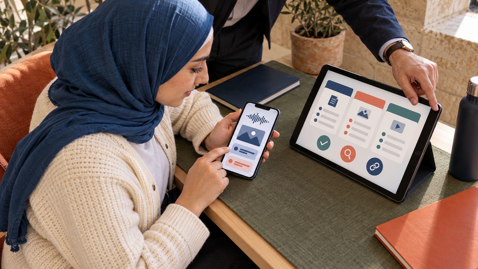 Generated Jordanian adult student testing text, voice and image guidance in fictional interfaces